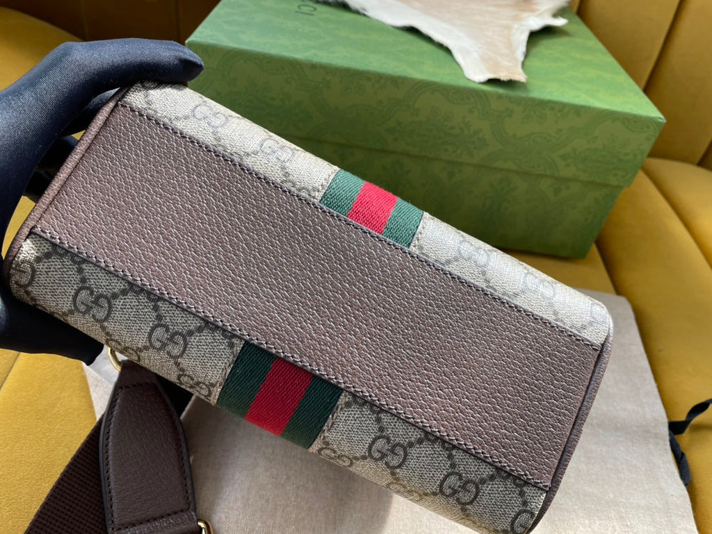 GUCCI OPHIDIA  SMALL 21 SHOULDER BAG BEIGE AND EBONY SUPREME CANVAS