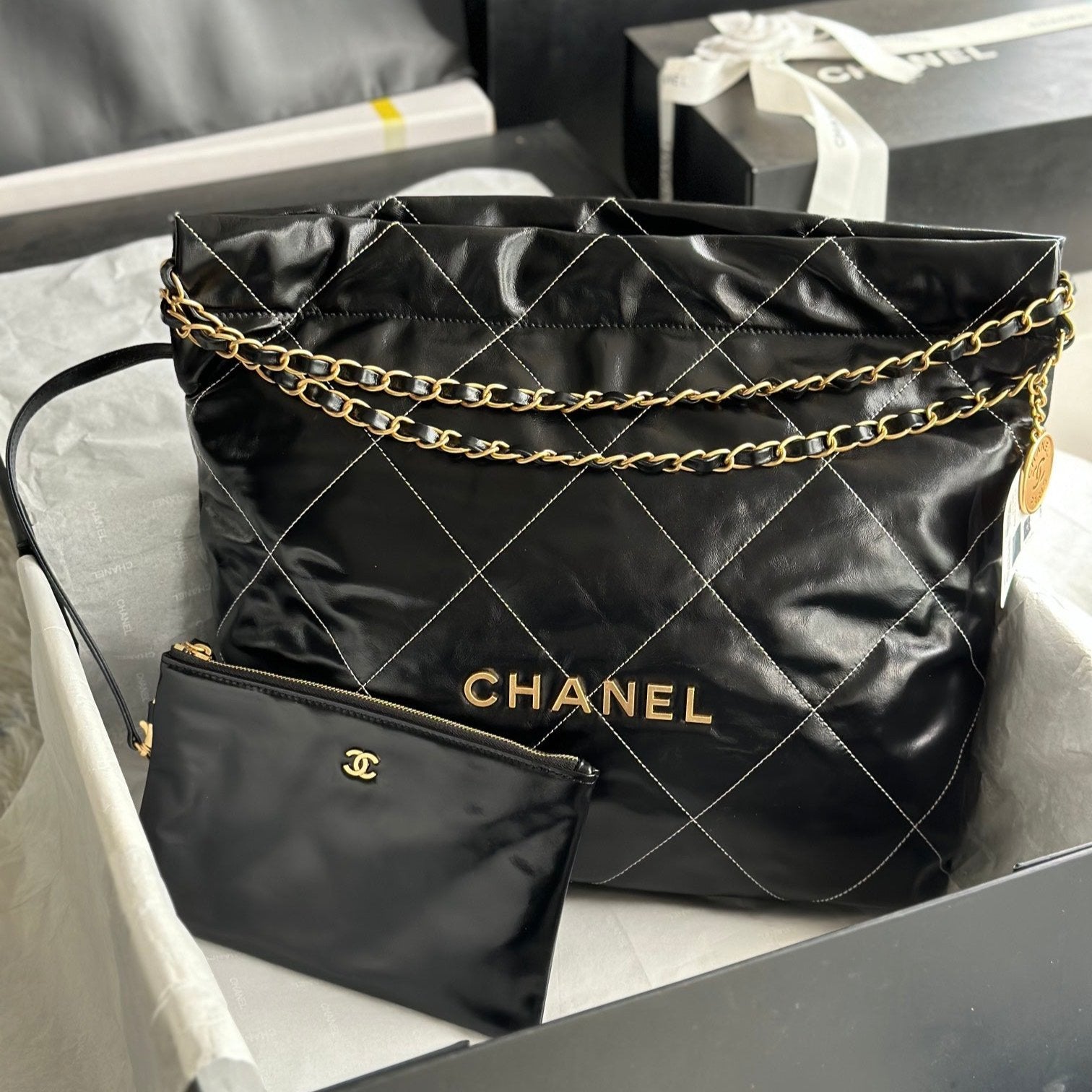 CHANEL LARGE 42 HANDBAG IN BLACK SHINY CALFSKIN GOLD HARDWARE