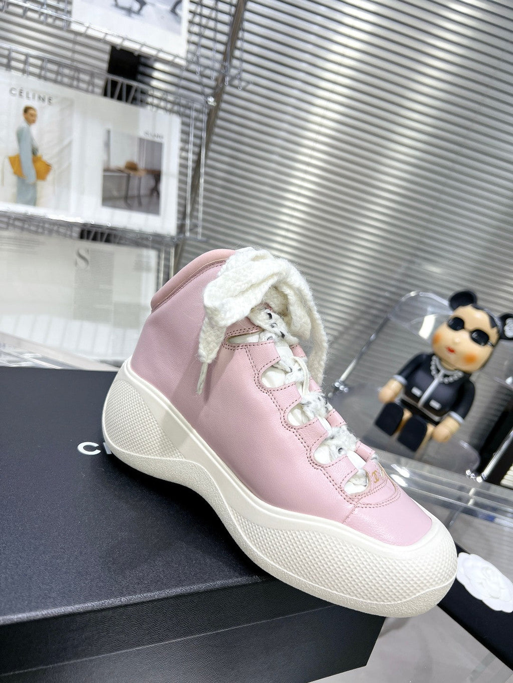 CHANEL CANO ALTO SNEAKER IN BLUSH PINK CALFSKIN AND WHITE RUBBER