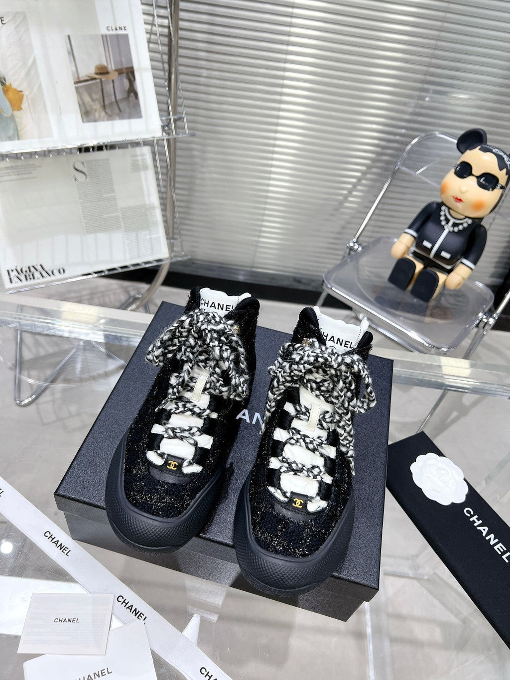 CHANEL CANO ALTO SNEAKER IN BLACK TWEED AND RUBBER