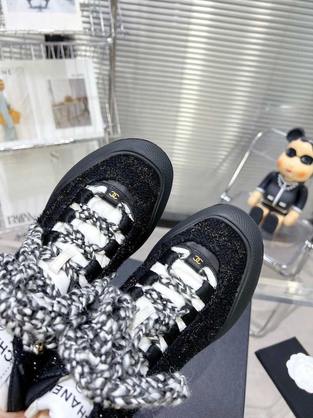 CHANEL CANO ALTO SNEAKER IN BLACK TWEED AND RUBBER