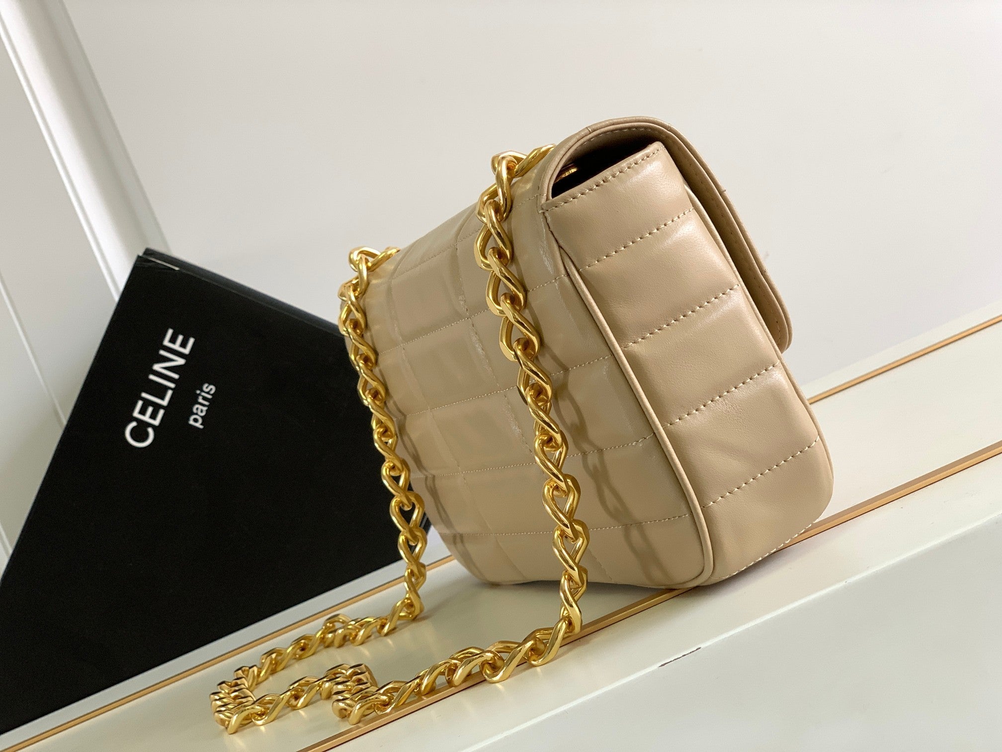 CELINE MONOCHROME 24 QUILTED BEIGE CREAM LAMBSKIN CHAIN SHOUDER BAG