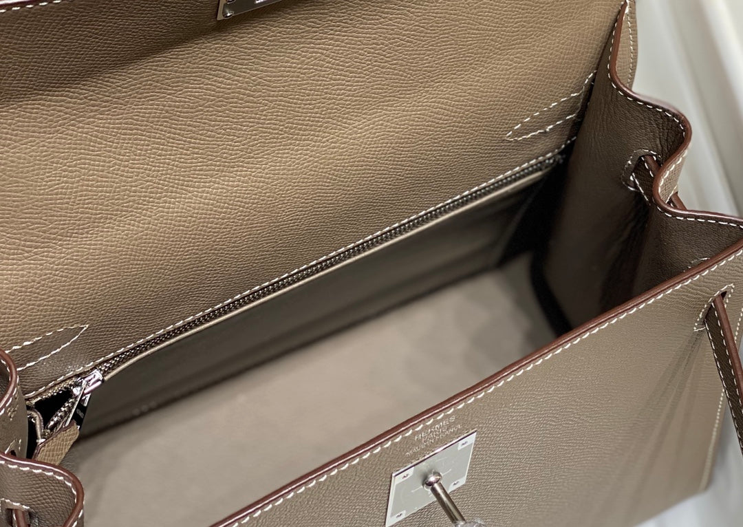 HERMES KELLY 28CM IN ETOUPE EPSOM CALFSKIN SLIVER HARDWARE