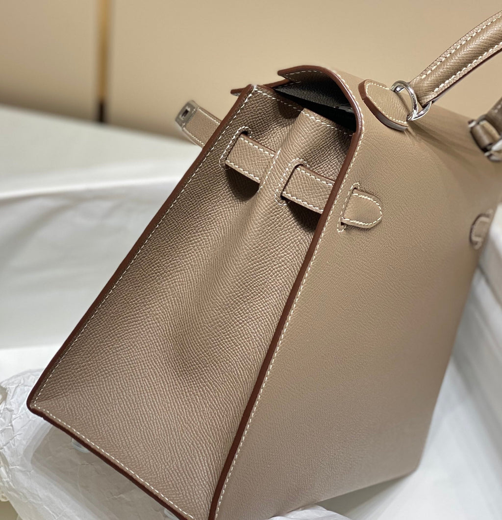 HERMES KELLY 28CM IN ETOUPE EPSOM CALFSKIN SLIVER HARDWARE
