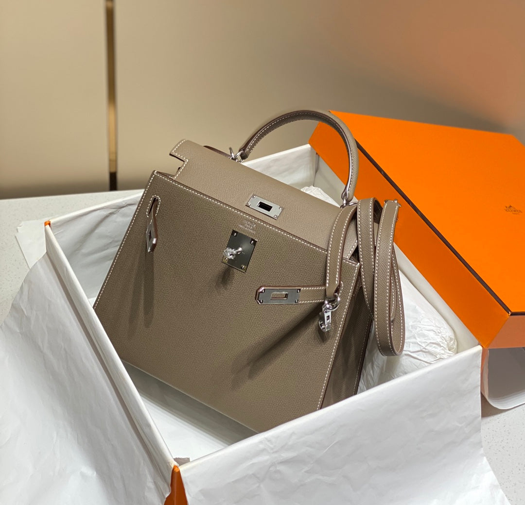 HERMES KELLY 28CM IN ETOUPE EPSOM CALFSKIN SLIVER HARDWARE