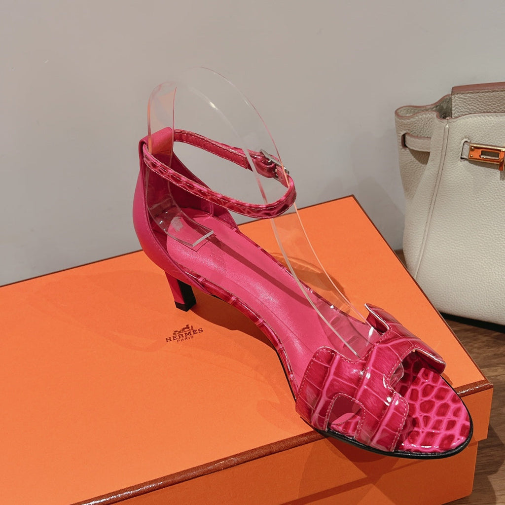 HERMES PREMIERE 70 SANDAL IN WATERMELON PINK CROCODILE LEATHER