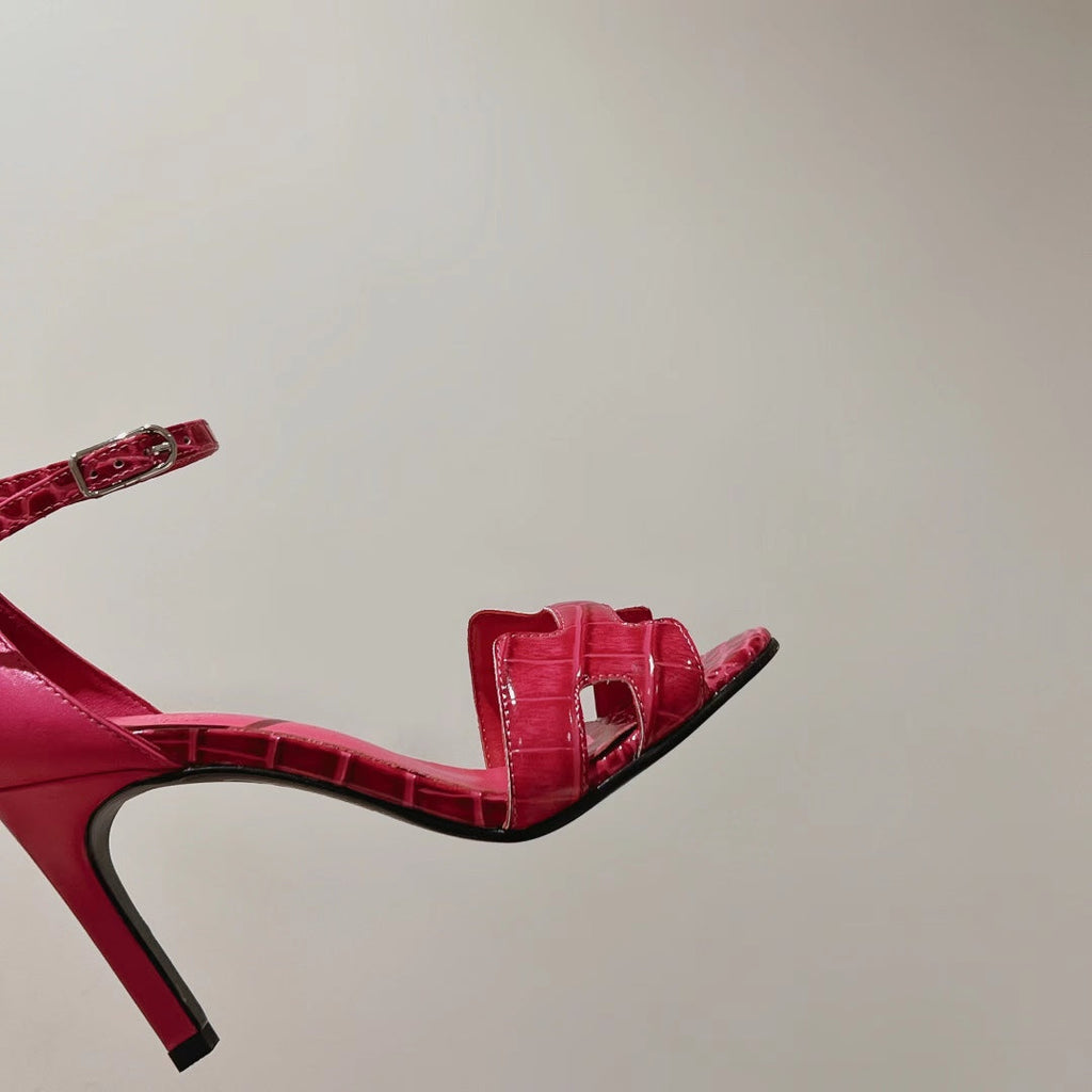 HERMES PREMIERE 105 SANDAL IN WATERMELON PINK CROCODILE LEATHER