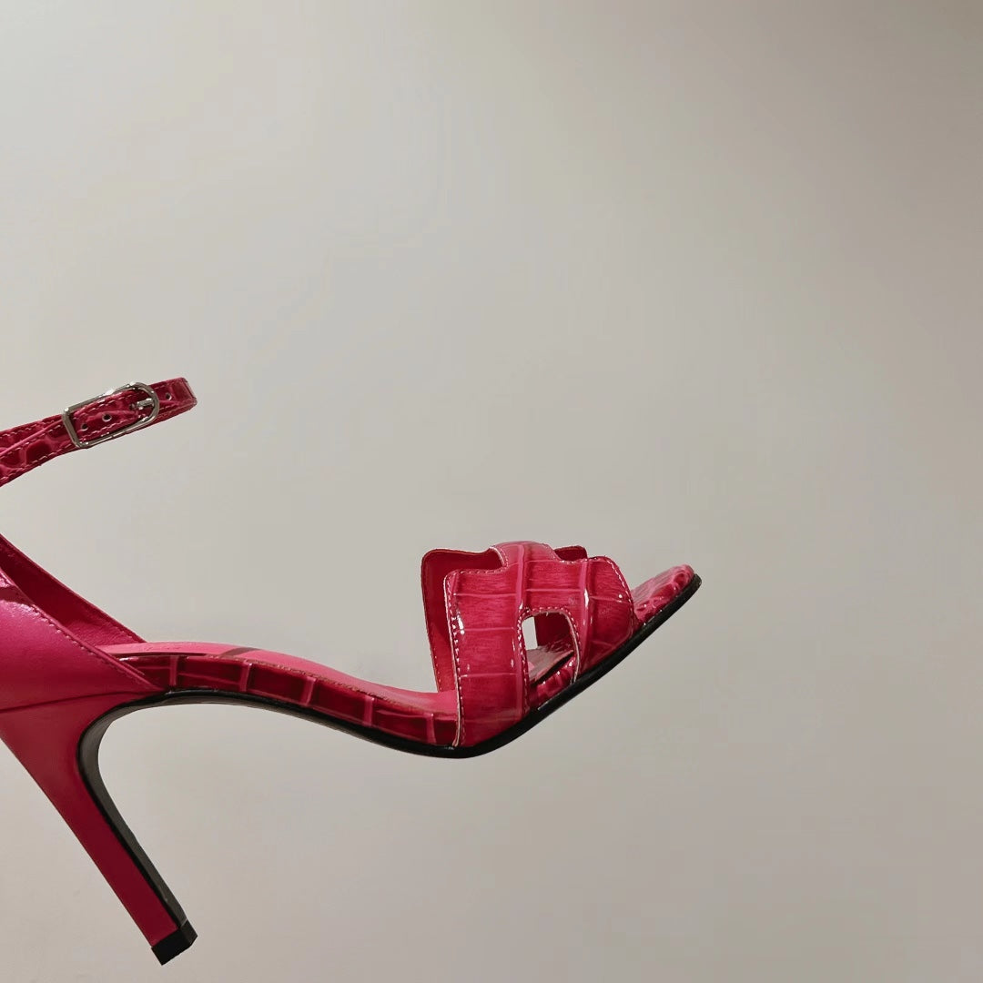 HERMES PREMIERE 105 SANDAL IN WATERMELON PINK CROCODILE LEATHER