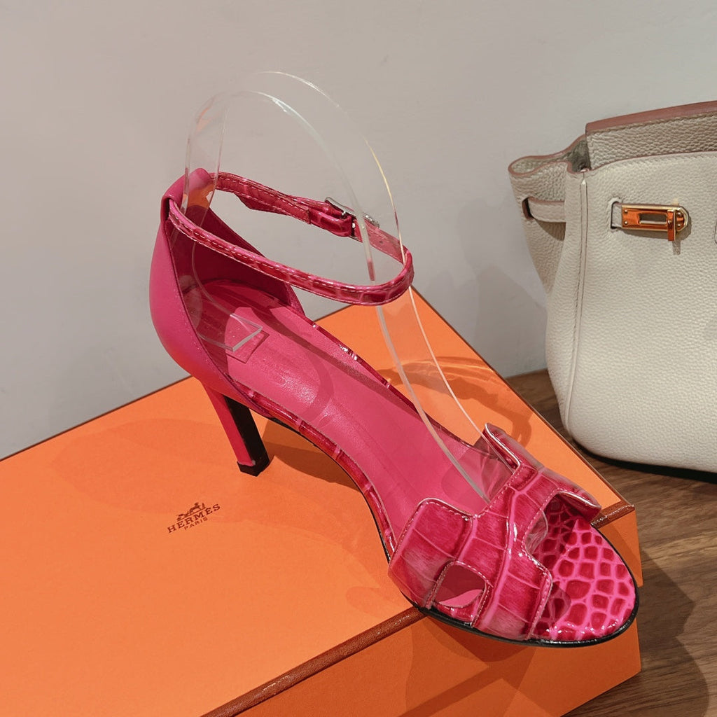 HERMES PREMIERE 105 SANDAL IN WATERMELON PINK CROCODILE LEATHER