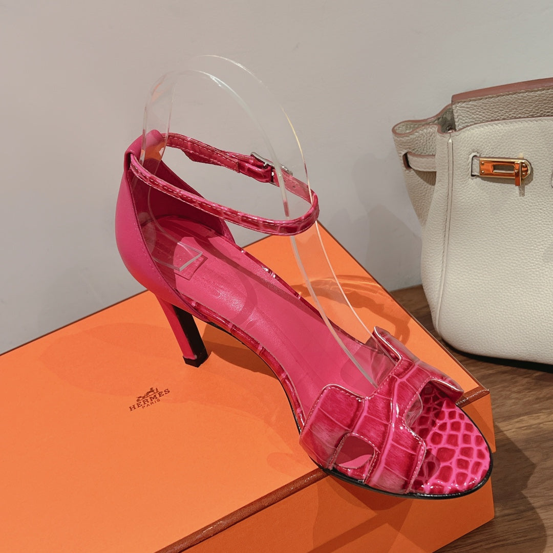 HERMES PREMIERE 105 SANDAL IN WATERMELON PINK CROCODILE LEATHER