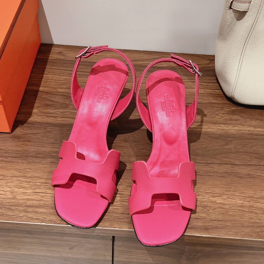 HERMES HOLY 75 SANDAL IN BRIGHT PINK GRAINED CALFSKIN