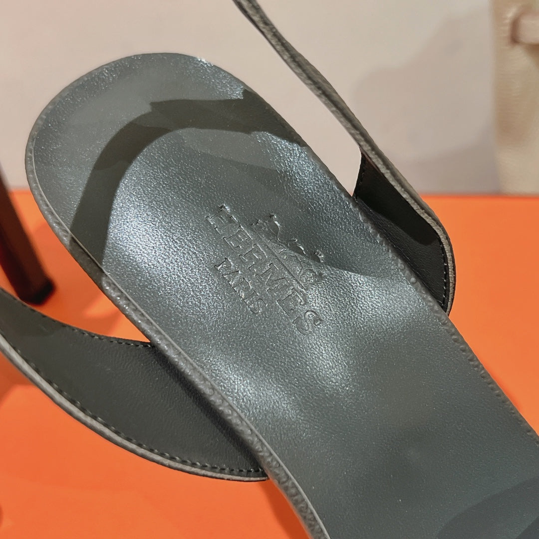 HERMES HOLY 105 SANDAL IN DARK GRAY GRAINED CALFSKIN