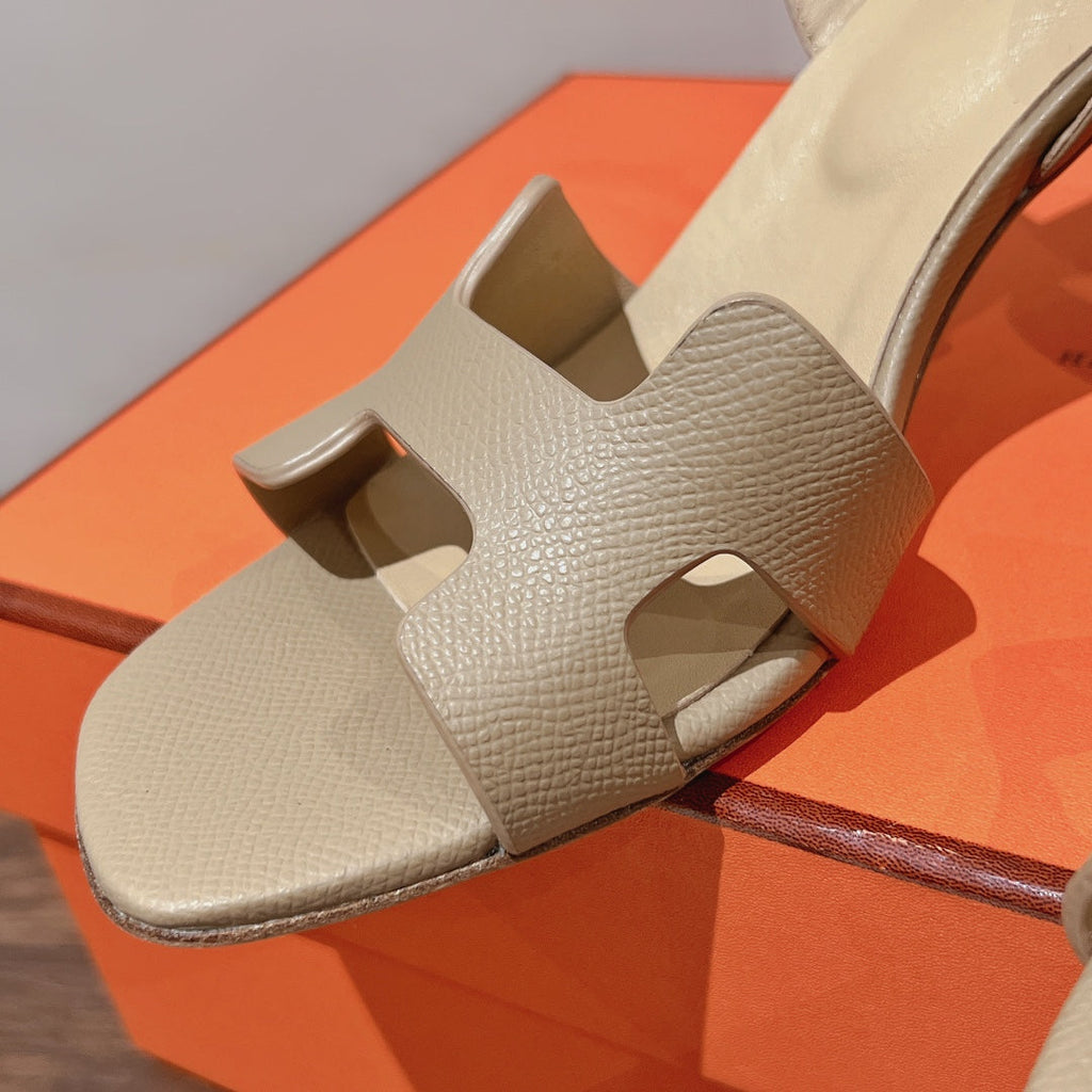 HERMES HOLY 75 SANDAL IN BISQUE BEIGE GRAINED CALFSKIN