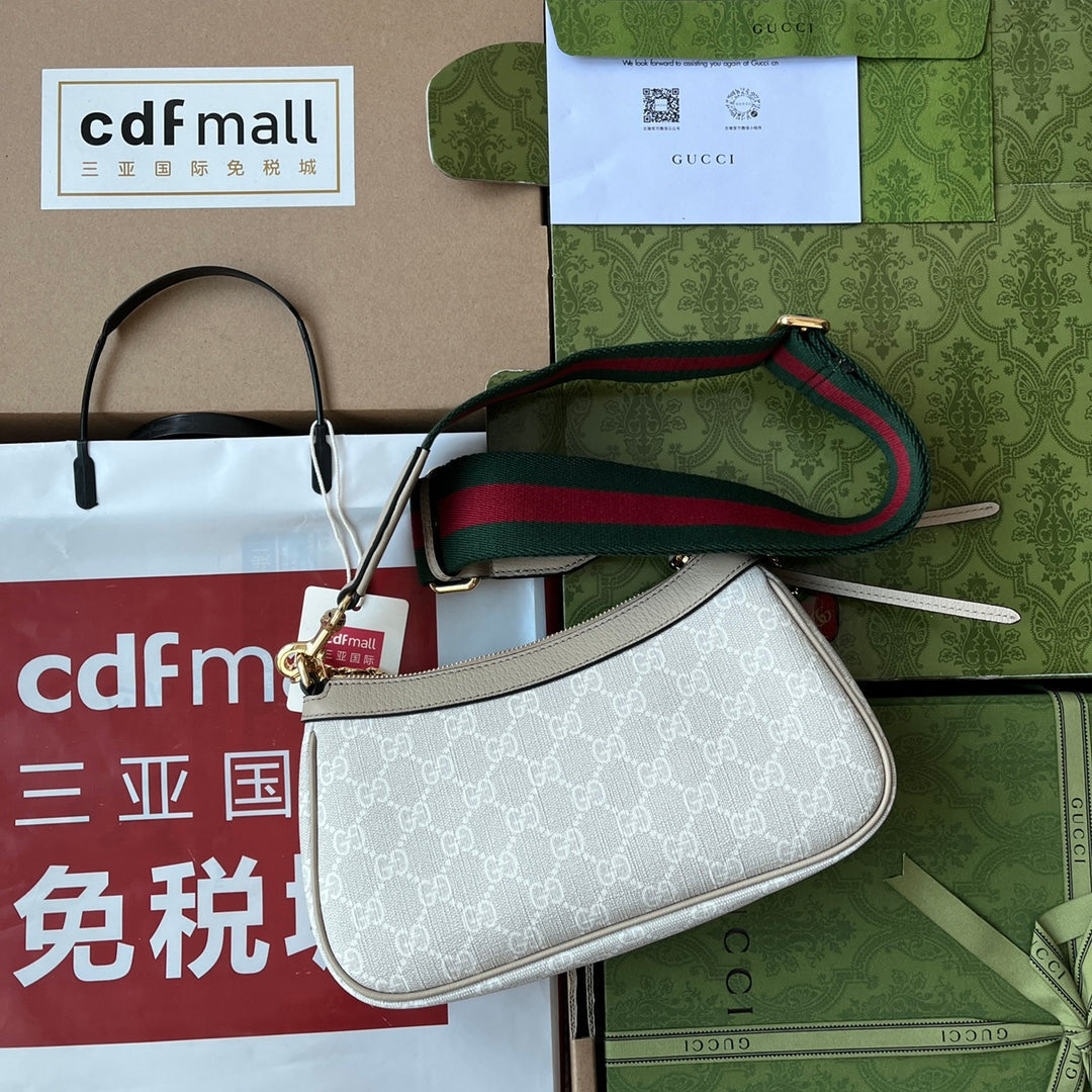 GUCCI OPHIDIA SMALL SHOULDER BAG 25 IN WHITE CANVAS AND OAT LAMBSKIN GOLD HARDWARE