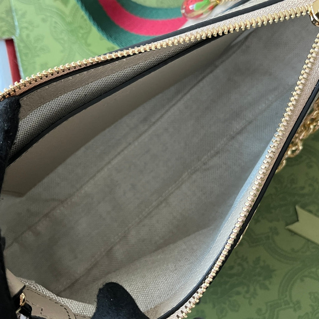 GUCCI OPHIDIA SMALL SHOULDER BAG 25 IN WHITE CANVAS AND OAT LAMBSKIN GOLD HARDWARE