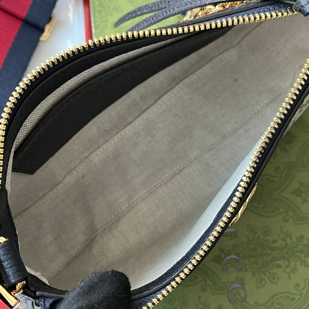 GUCCI OPHIDIA SMALL SHOULDER BAG 25 IN BEIGE CANVAS AND BLACK LAMBSKIN GOLD HARDWARE
