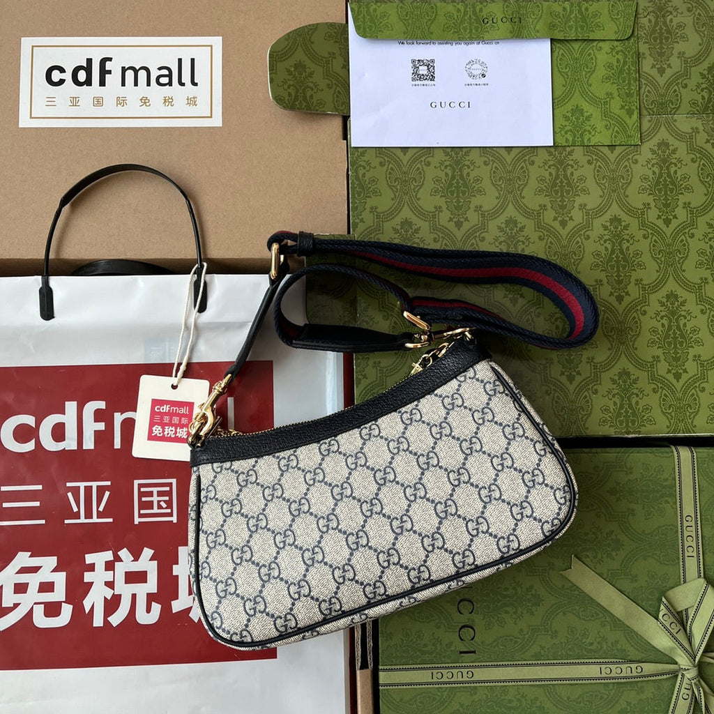 GUCCI OPHIDIA SMALL SHOULDER BAG 25 IN BEIGE CANVAS AND BLACK LAMBSKIN GOLD HARDWARE