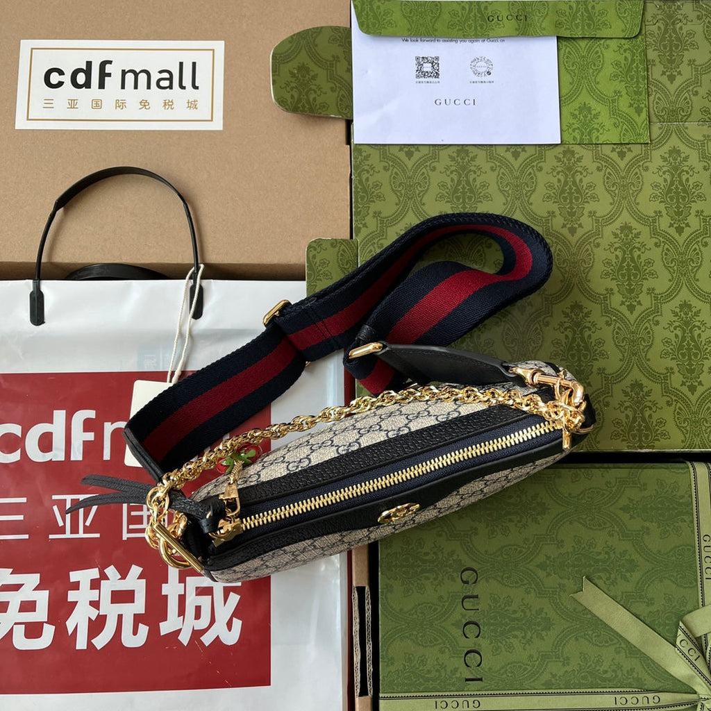 GUCCI OPHIDIA SMALL SHOULDER BAG 25 IN BEIGE CANVAS AND BLACK LAMBSKIN GOLD HARDWARE