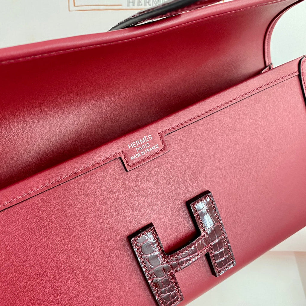 HERMES JIGE ELAN 29 CLUTCH IN CHERRY RED CALFSKIN WITH WINE RED LIZARD SKIN