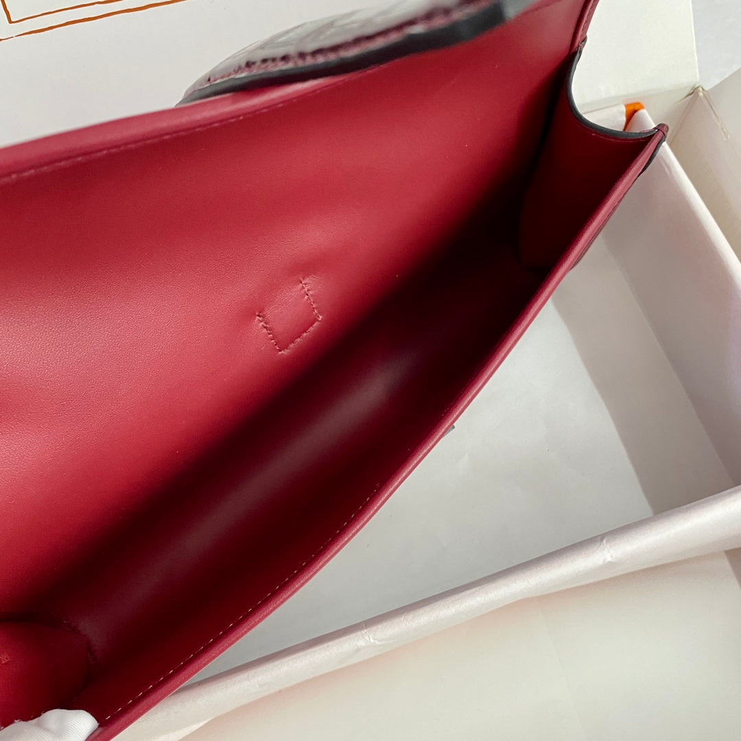 HERMES JIGE ELAN 29 CLUTCH IN CHERRY RED CALFSKIN WITH WINE RED LIZARD SKIN