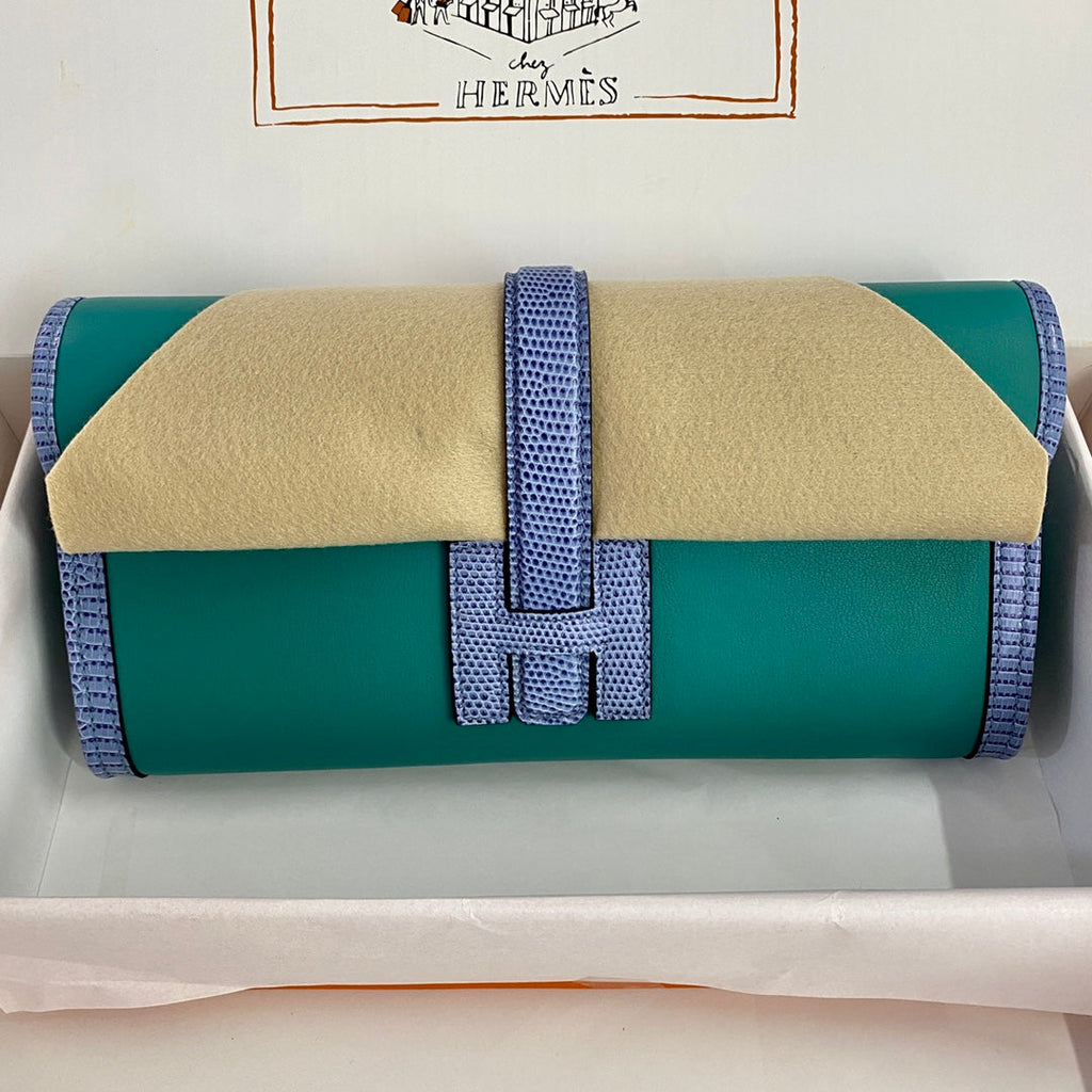 HERMES JIGE ELAN 29 CLUTCH IN TEAL GREEN CALFSKIN WITH ROYAL BLUE LIZARD SKIN