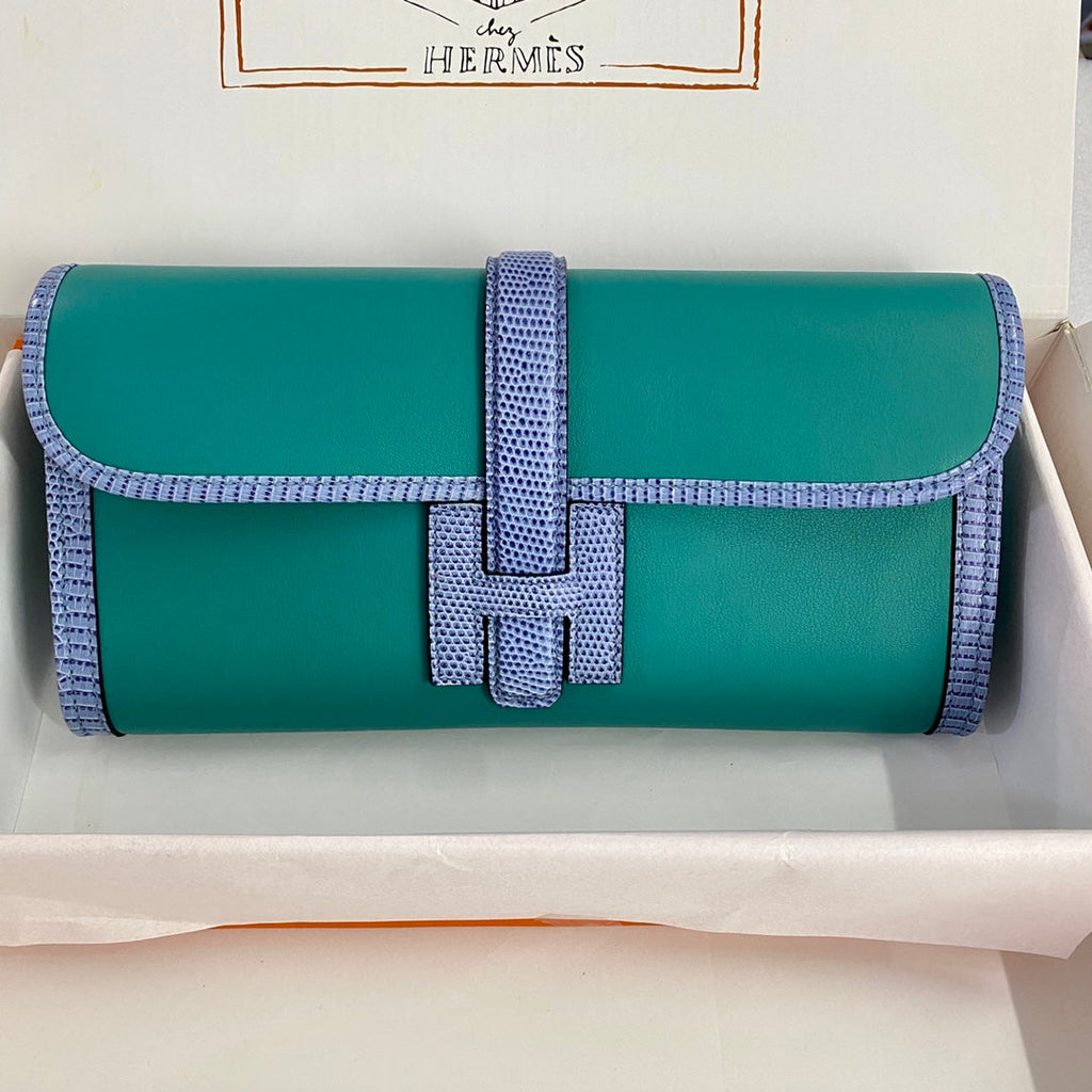 HERMES JIGE ELAN 29 CLUTCH IN TEAL GREEN CALFSKIN WITH ROYAL BLUE LIZARD SKIN