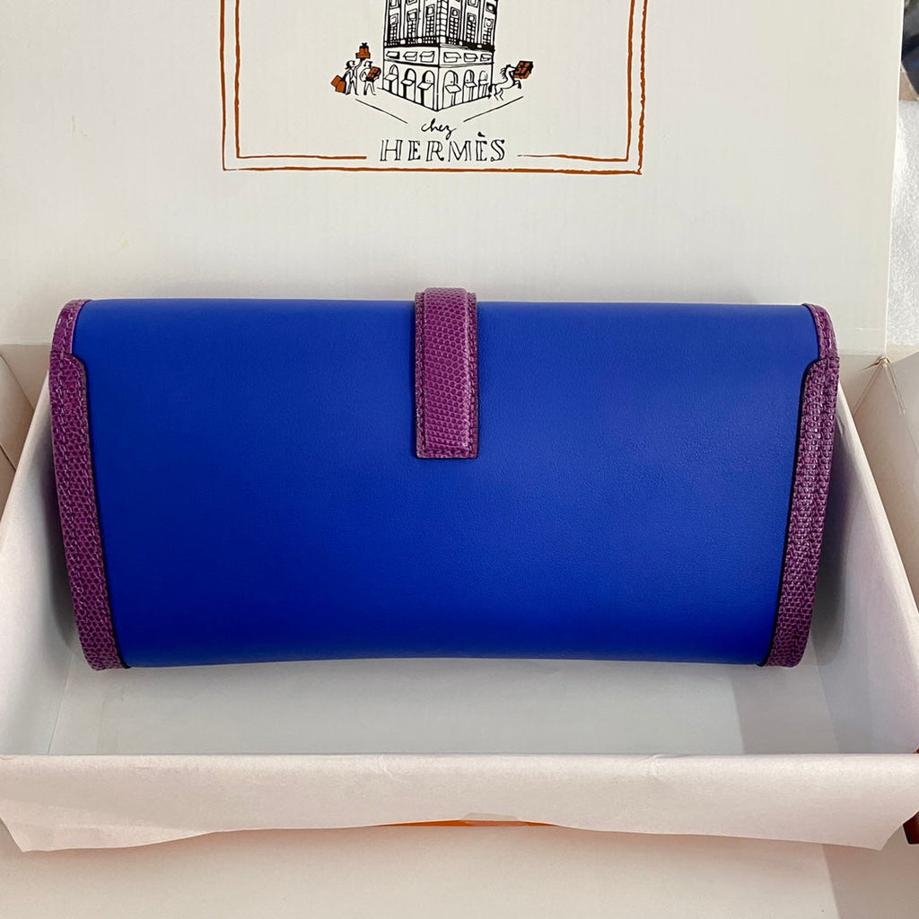 HERMES JIGE ELAN 29 CLUTCH IN COBALT BLUE CALFSKIN WITH VIOLET PURPLE LIZARD SKIN