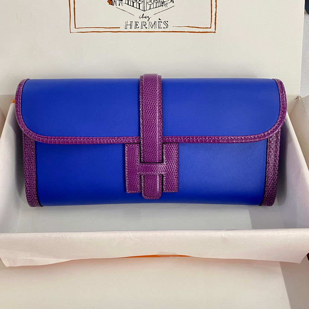 HERMES JIGE ELAN 29 CLUTCH IN COBALT BLUE CALFSKIN WITH VIOLET PURPLE LIZARD SKIN