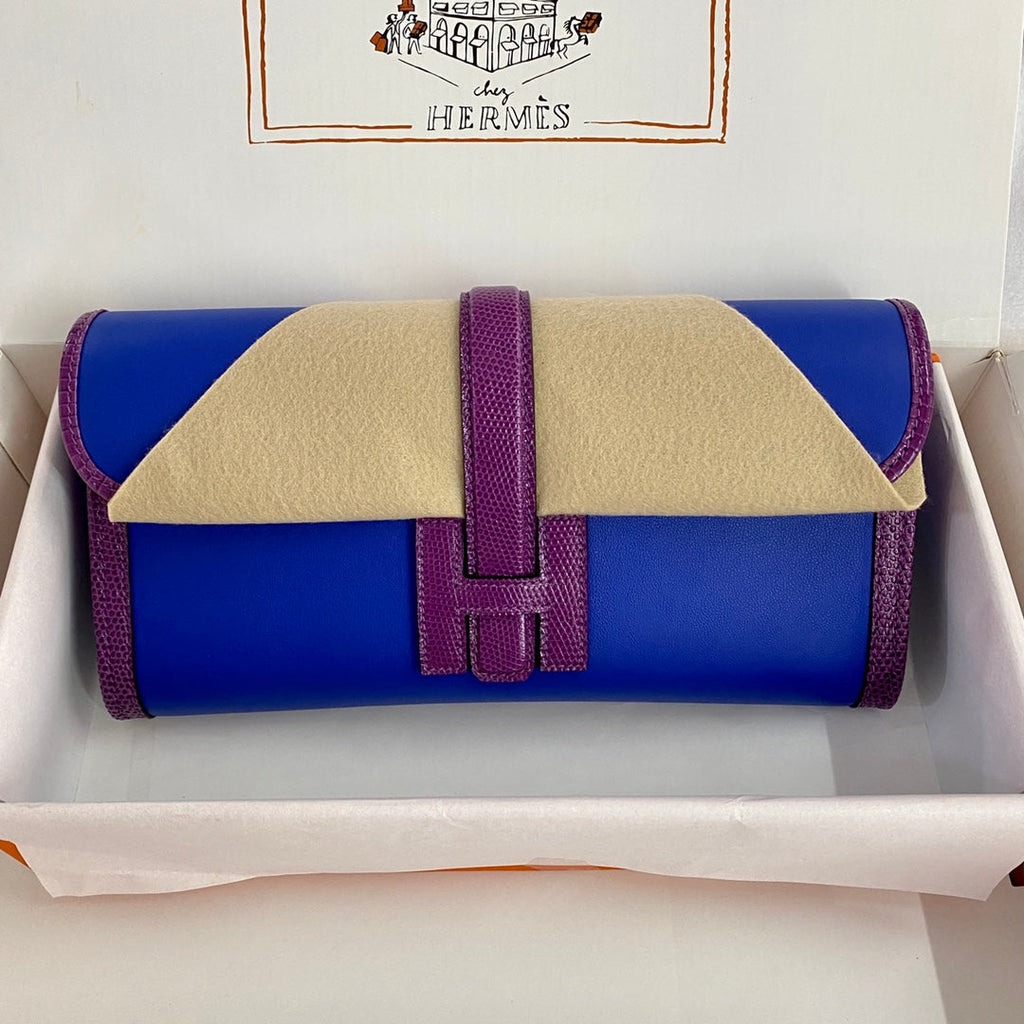 HERMES JIGE ELAN 29 CLUTCH IN COBALT BLUE CALFSKIN WITH VIOLET PURPLE LIZARD SKIN
