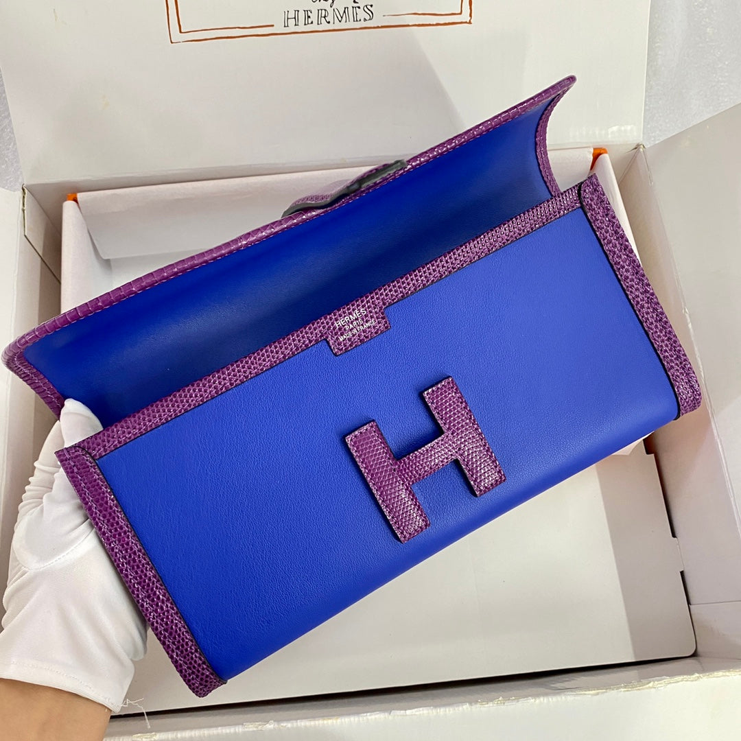 HERMES JIGE ELAN 29 CLUTCH IN COBALT BLUE CALFSKIN WITH VIOLET PURPLE LIZARD SKIN