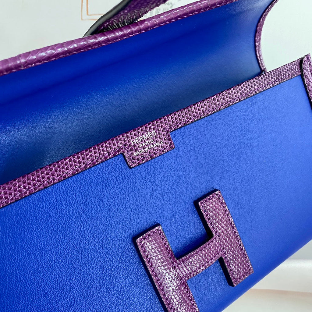 HERMES JIGE ELAN 29 CLUTCH IN COBALT BLUE CALFSKIN WITH VIOLET PURPLE LIZARD SKIN