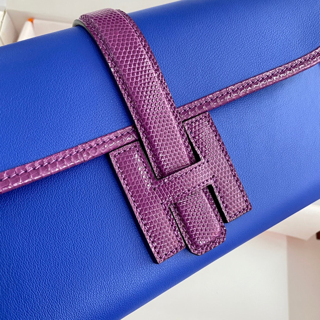 HERMES JIGE ELAN 29 CLUTCH IN COBALT BLUE CALFSKIN WITH VIOLET PURPLE LIZARD SKIN