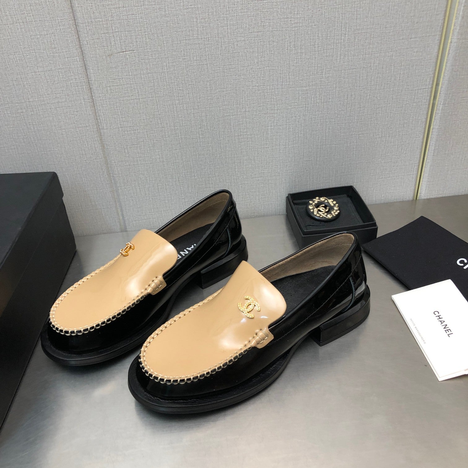 CHANEL Double C Beige Cream Loafers Sheepskin