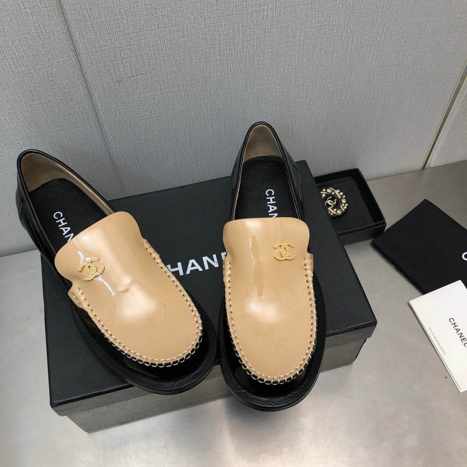 CHANEL Double C Beige Cream Loafers Sheepskin