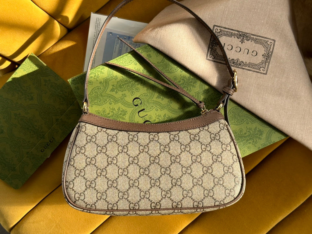GUCCI OPHIDIA  SMALL 25 HANDBAG BEIGE AND EBONY SUPREME CANVAS