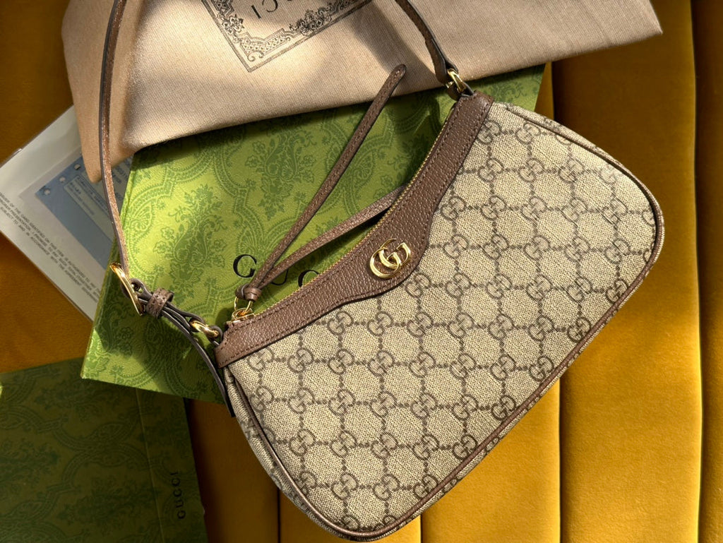 GUCCI OPHIDIA  SMALL 25 HANDBAG BEIGE AND EBONY PVC FABRIC