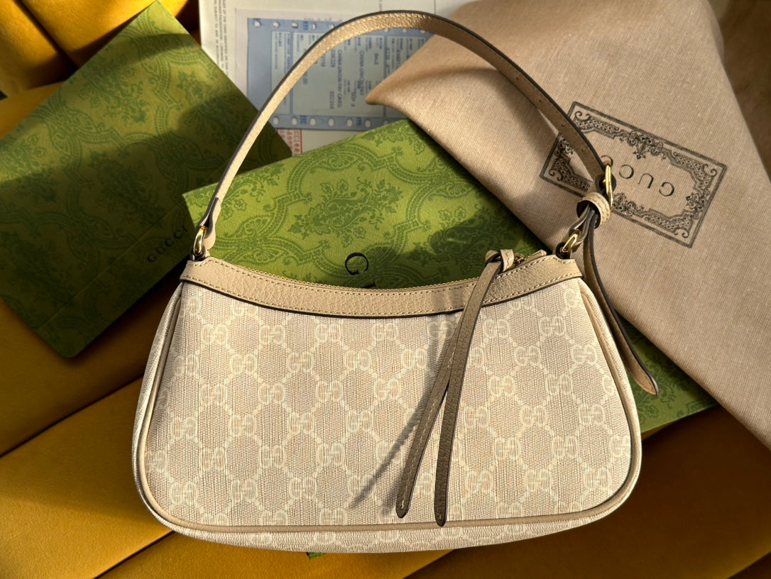 GUCCI OPHIDIA  SMALL 25 HANDBAG BEIGE AND WHITE SUPREME CANVAS