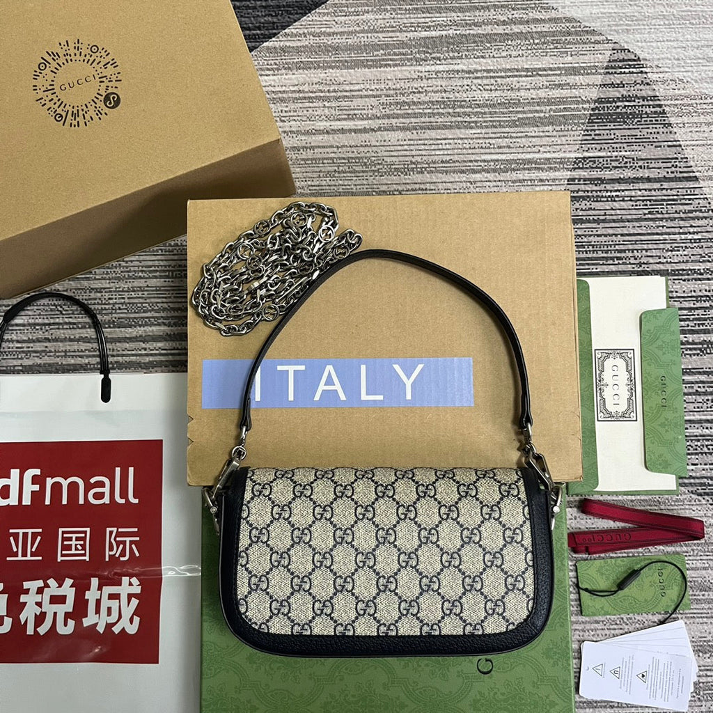 GUCCI HORSEBIT 1955 BAG 24 IN BEIGE CANVAS AND BLACK CALFSKIN