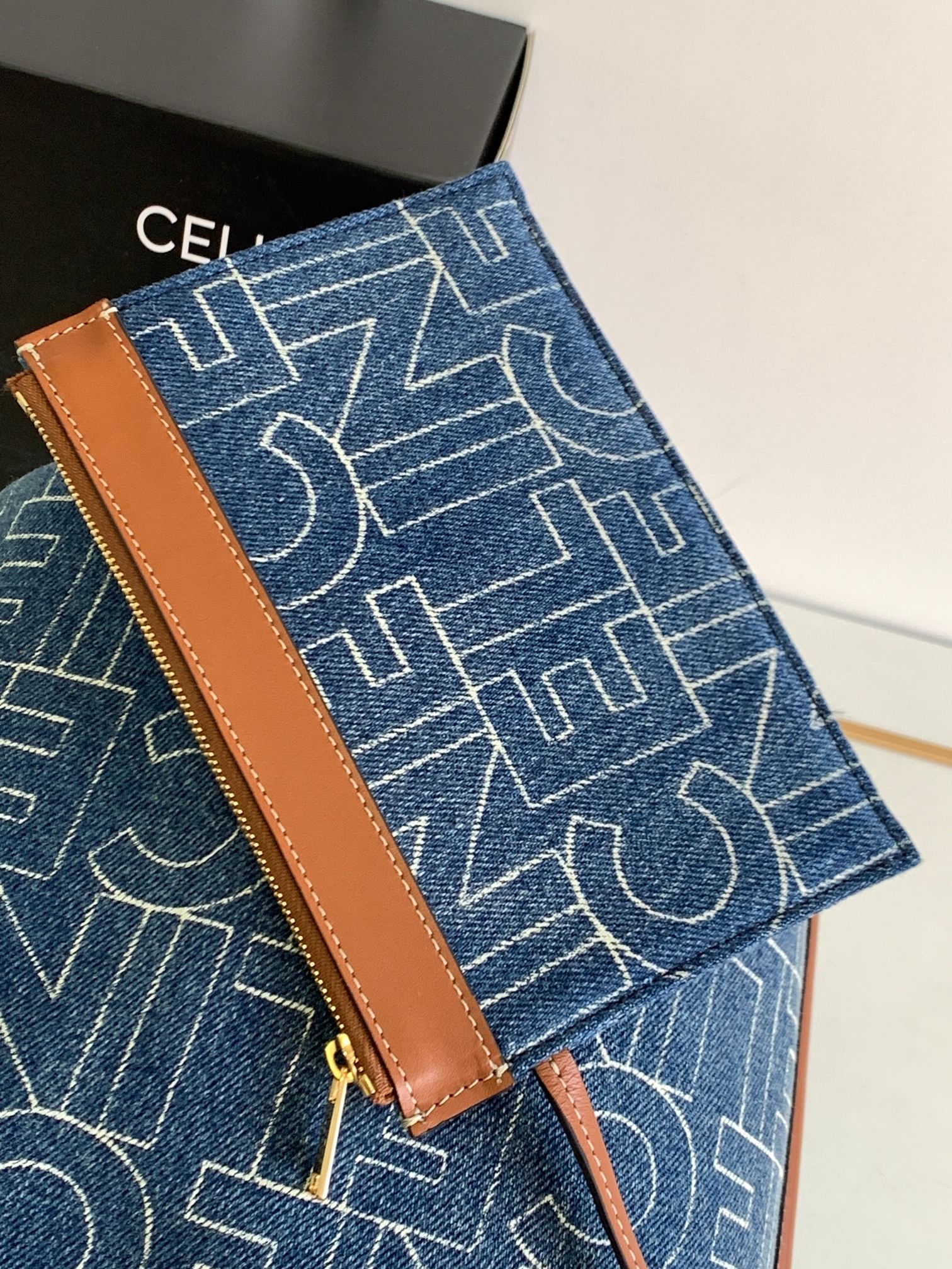 CELINE BUCKET 25 PRINTED DENIM BAG NAVY BLUE