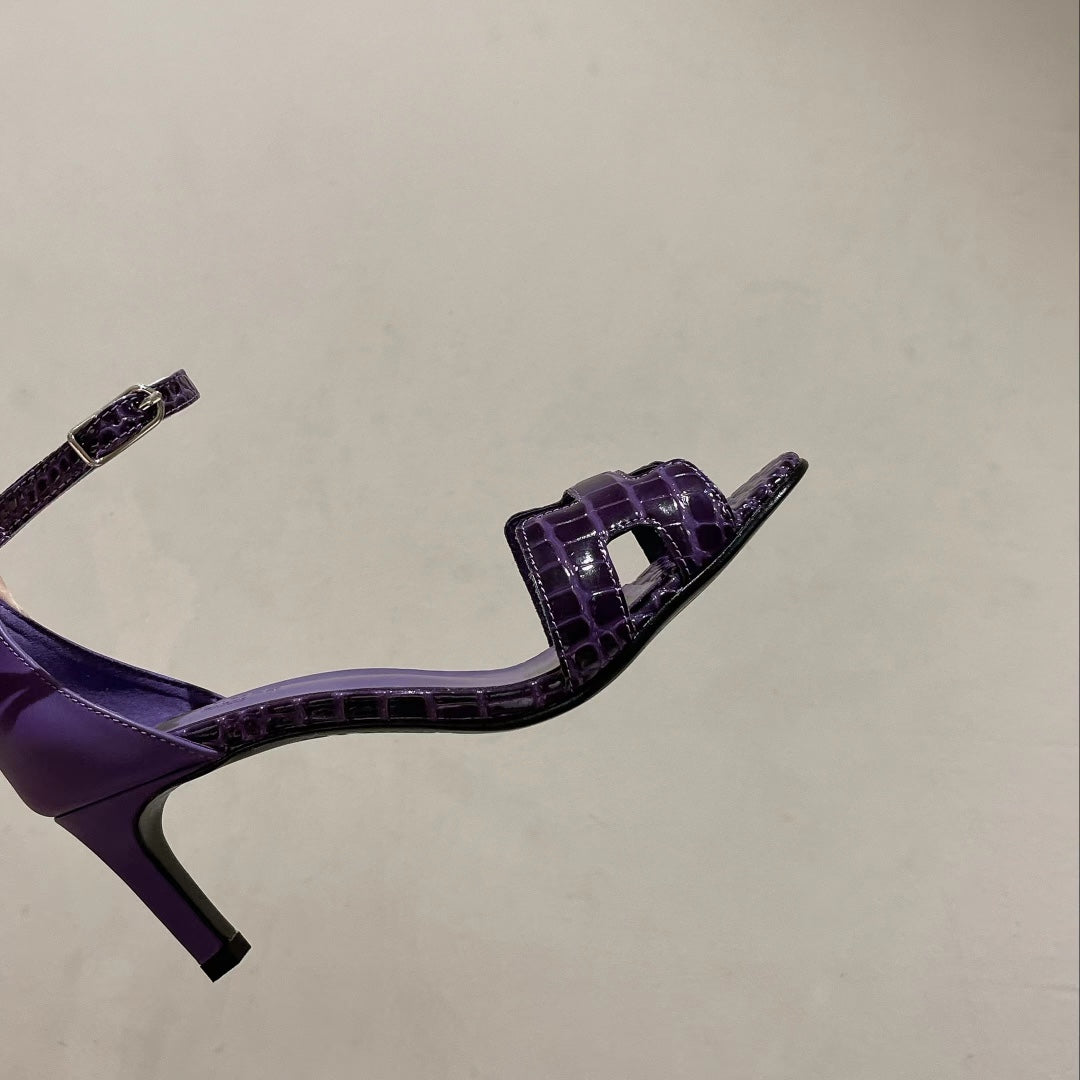 HERMES PREMIERE 70 SANDAL IN VIOLET PURPLE CROCODILE LEATHER