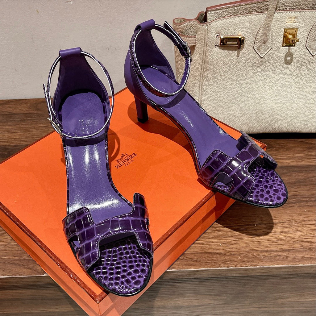 HERMES PREMIERE 70 SANDAL IN VIOLET PURPLE CROCODILE LEATHER