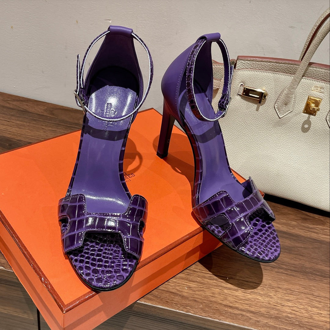 HERMES PREMIERE 105 SANDAL IN VIOLET PURPLE CROCODILE LEATHER