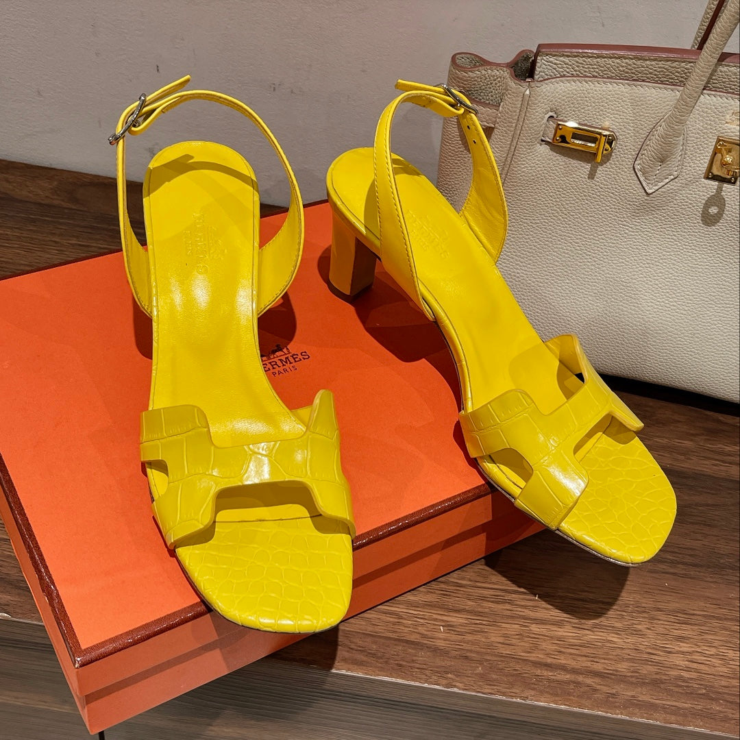 HERMES SLINGBACK ETERNITE 75 YELLOW LAMBSKIN AND CROCODILE LEATHER