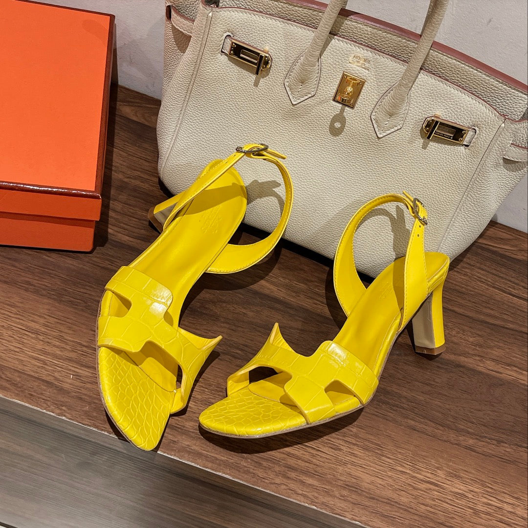 HERMES SLINGBACK ETERNITE 75 YELLOW LAMBSKIN AND CROCODILE LEATHER