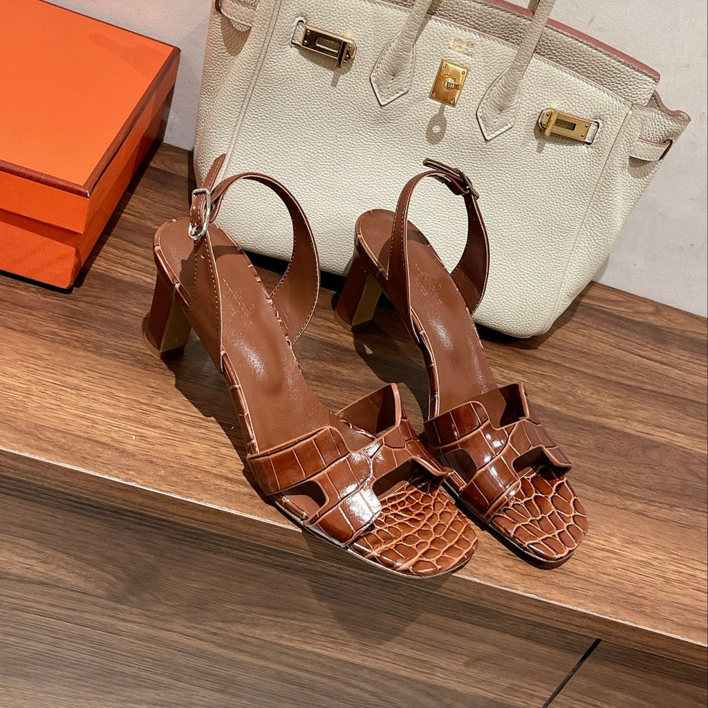 HERMES SLINGBACK ETERNITE 75 BROWN LAMBSKIN AND CROCODILE LEATHER