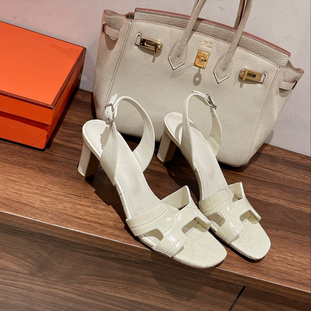 HERMES SLINGBACK ETERNITE 75 WHITE LAMBSKIN AND CROCODILE LEATHER