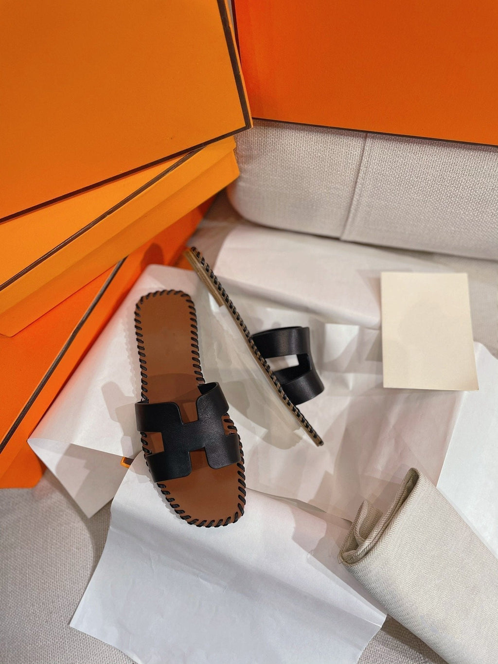 HERMES 0RAN SANDAL Braided Calfskin BLACK