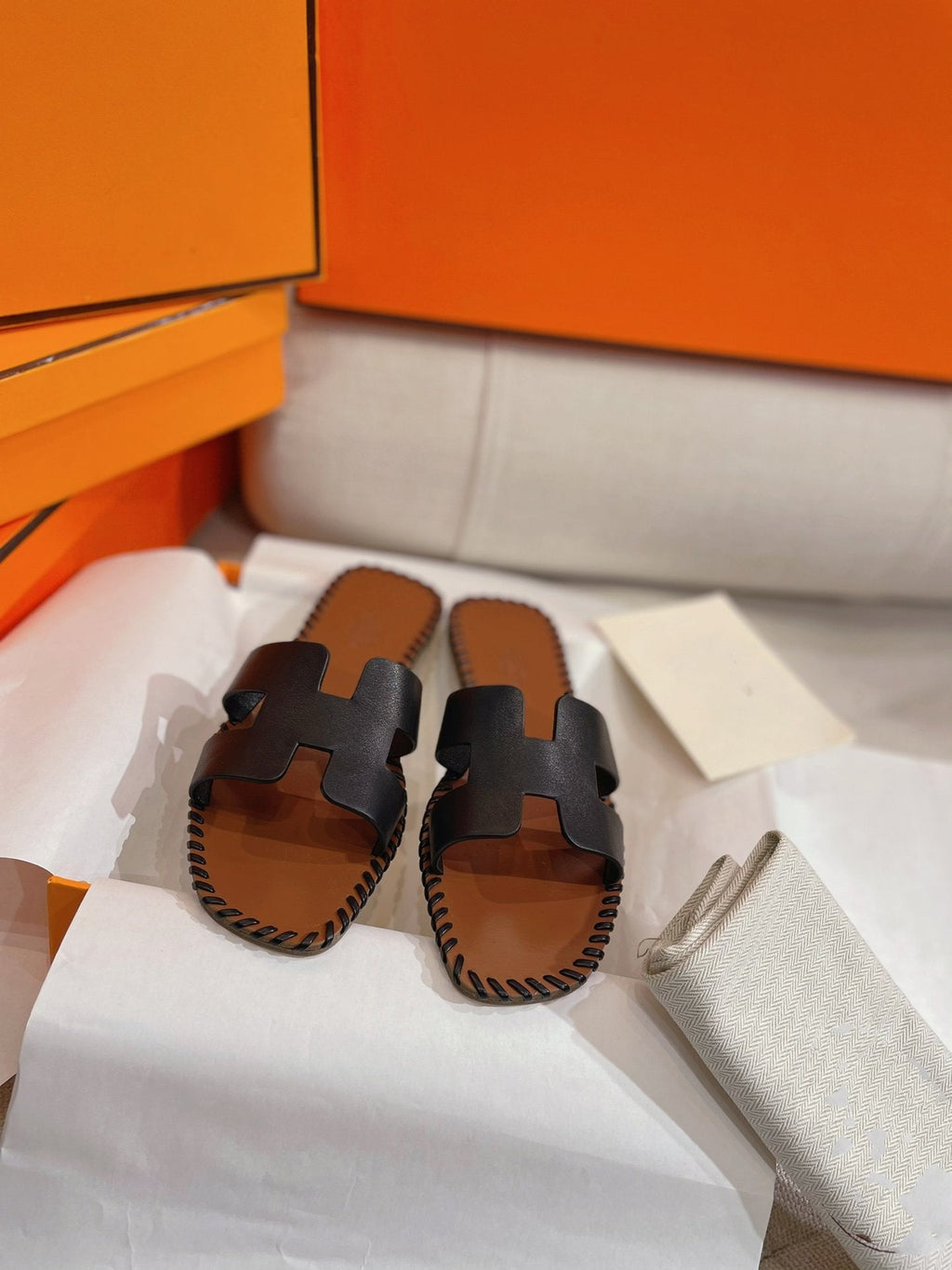 HERMES 0RAN SANDAL Braided Calfskin BLACK