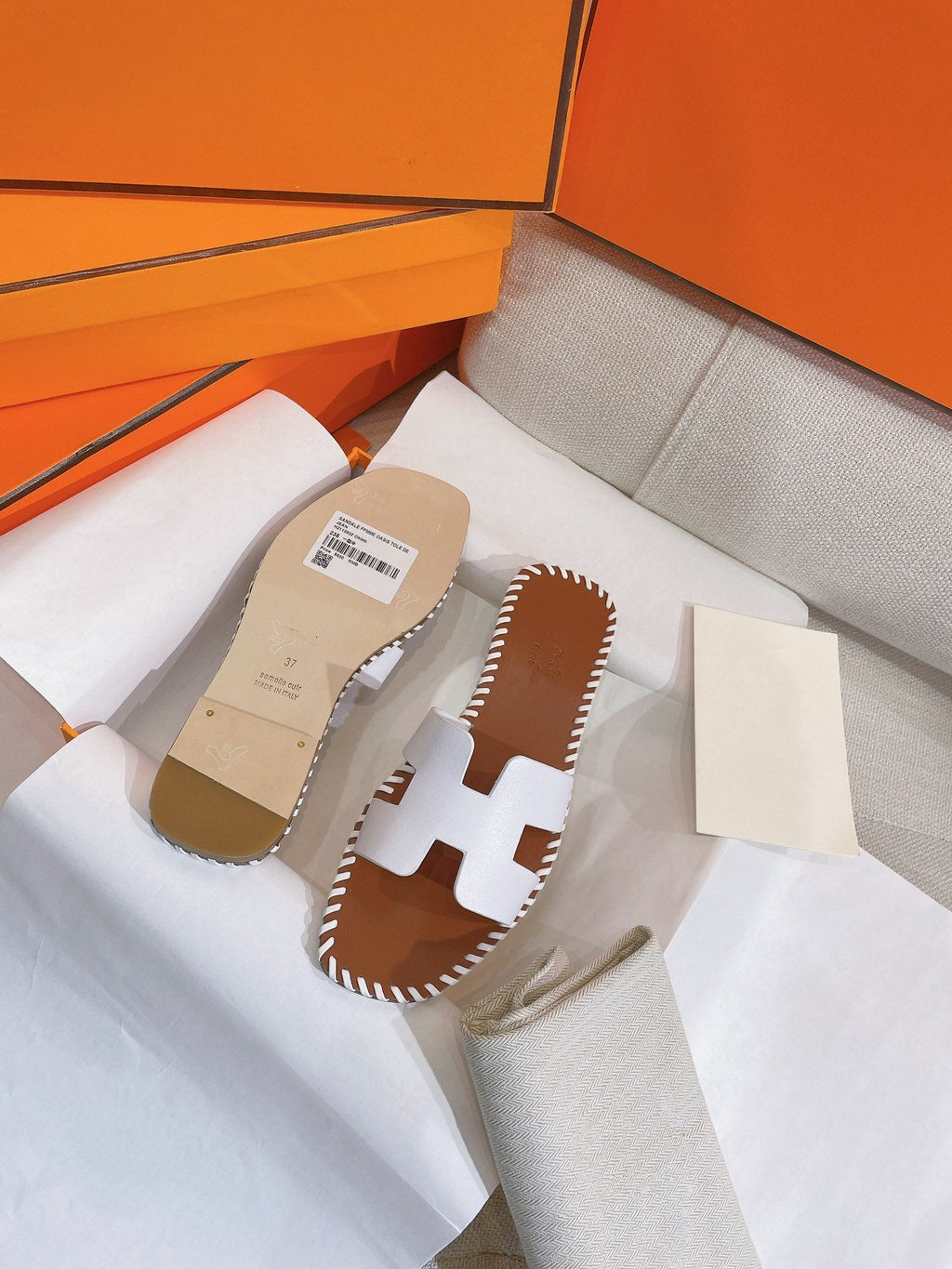 HERMES 0RAN SANDAL Braided Calfskin WHITE
