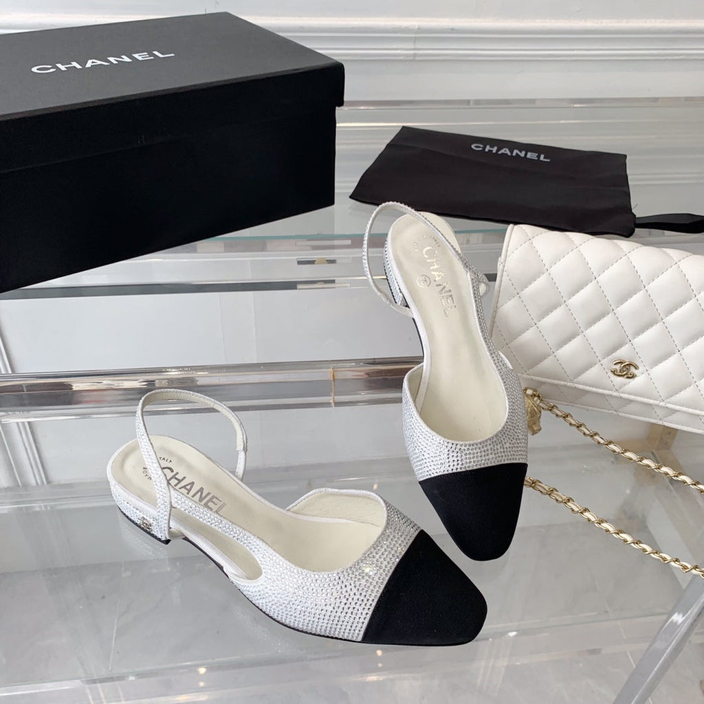 CHANEL Double  Rhinestone Slingback Sheepskin White Black